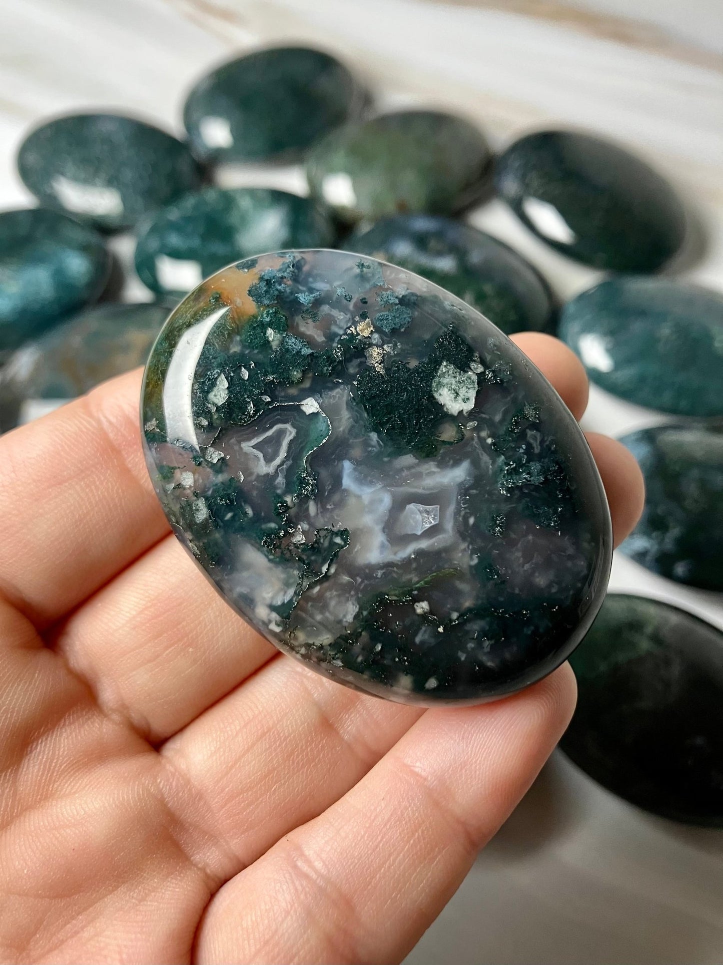 Moss Agate Palmstone – 2.25” Intuitive Pick