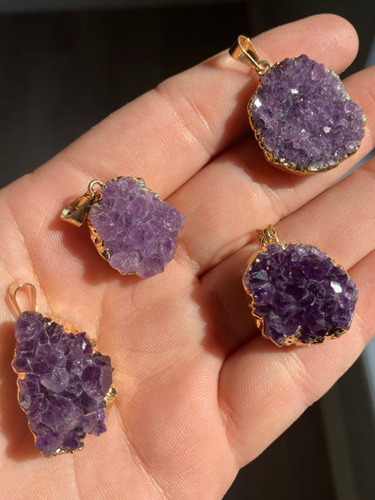 Amethyst Druzy Necklace - Gold Plated Pendant