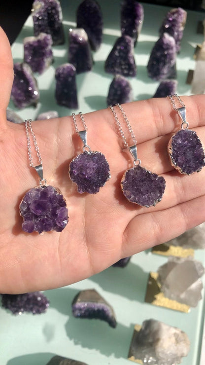 Amethyst Druzy Necklace - Gold & Silver Plated Pendant