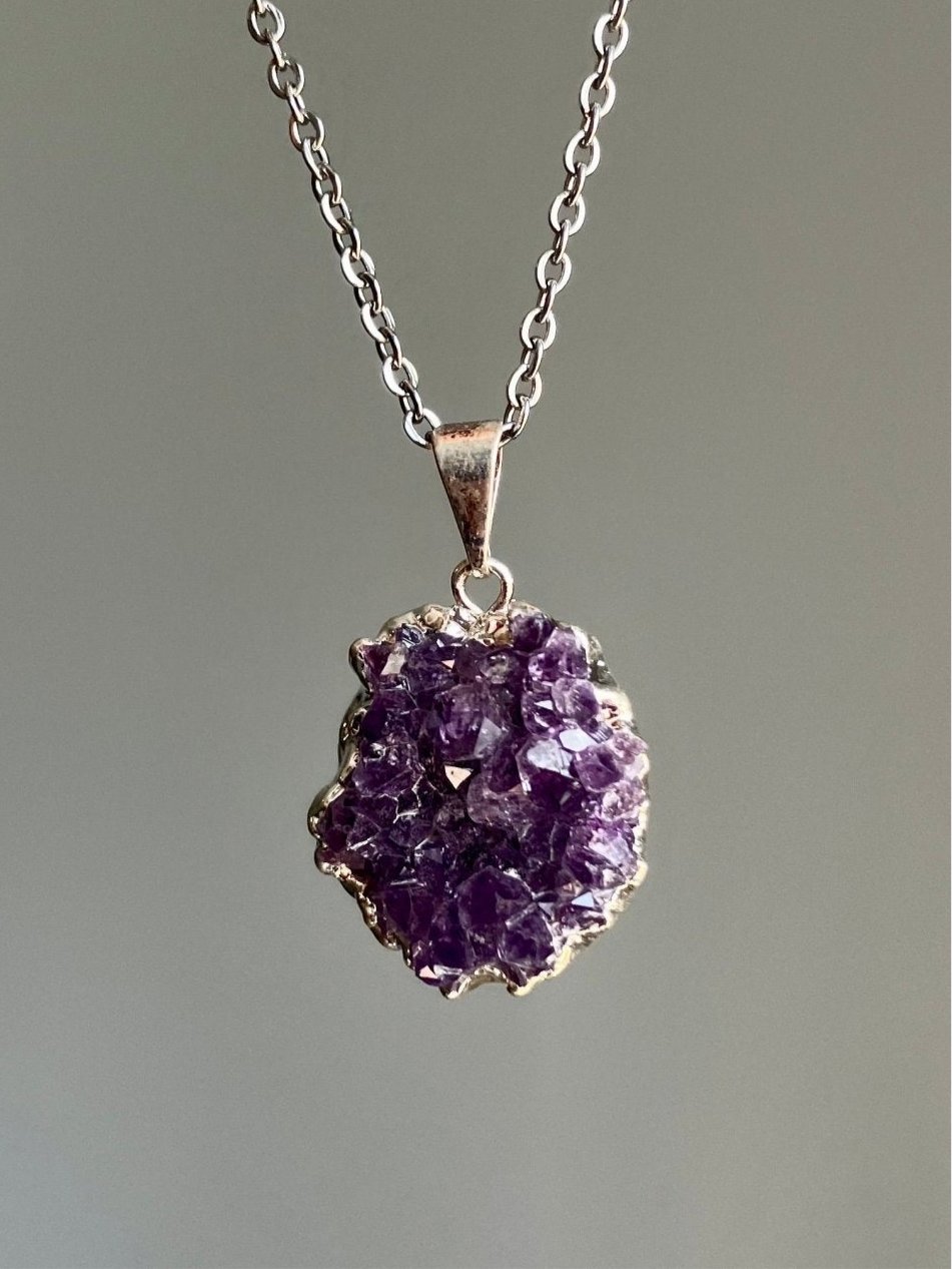 Amethyst Druzy Necklace - Silver Plated Pendant