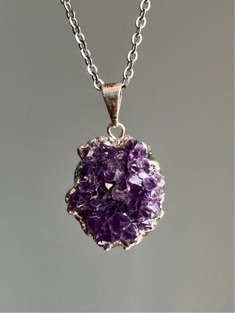 Amethyst Druzy Necklace - Silver Plated Pendant