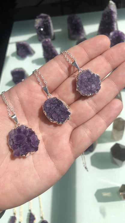 Amethyst Druzy Necklace - Silver Plated Pendant