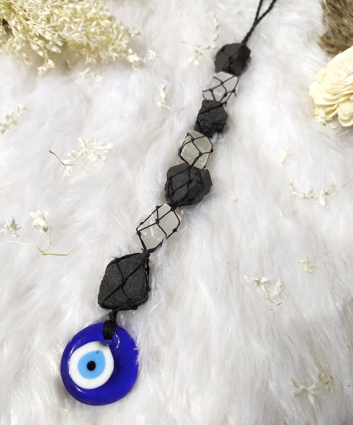 Black Tourmaline & Selenite Hanging Crystal Charm – Evil Eye Protection