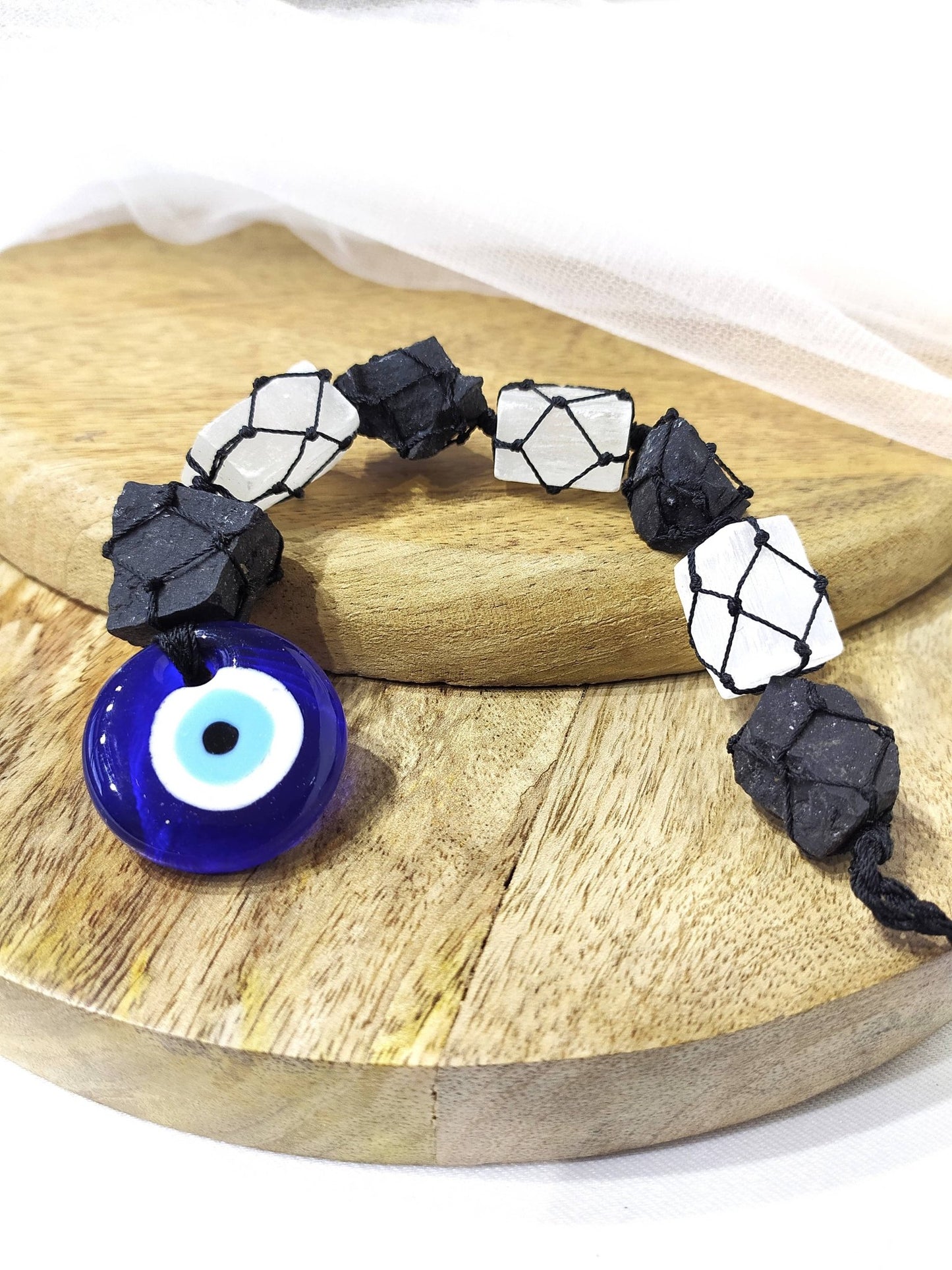 Black Tourmaline & Selenite Hanging Crystal Charm – Evil Eye Protection