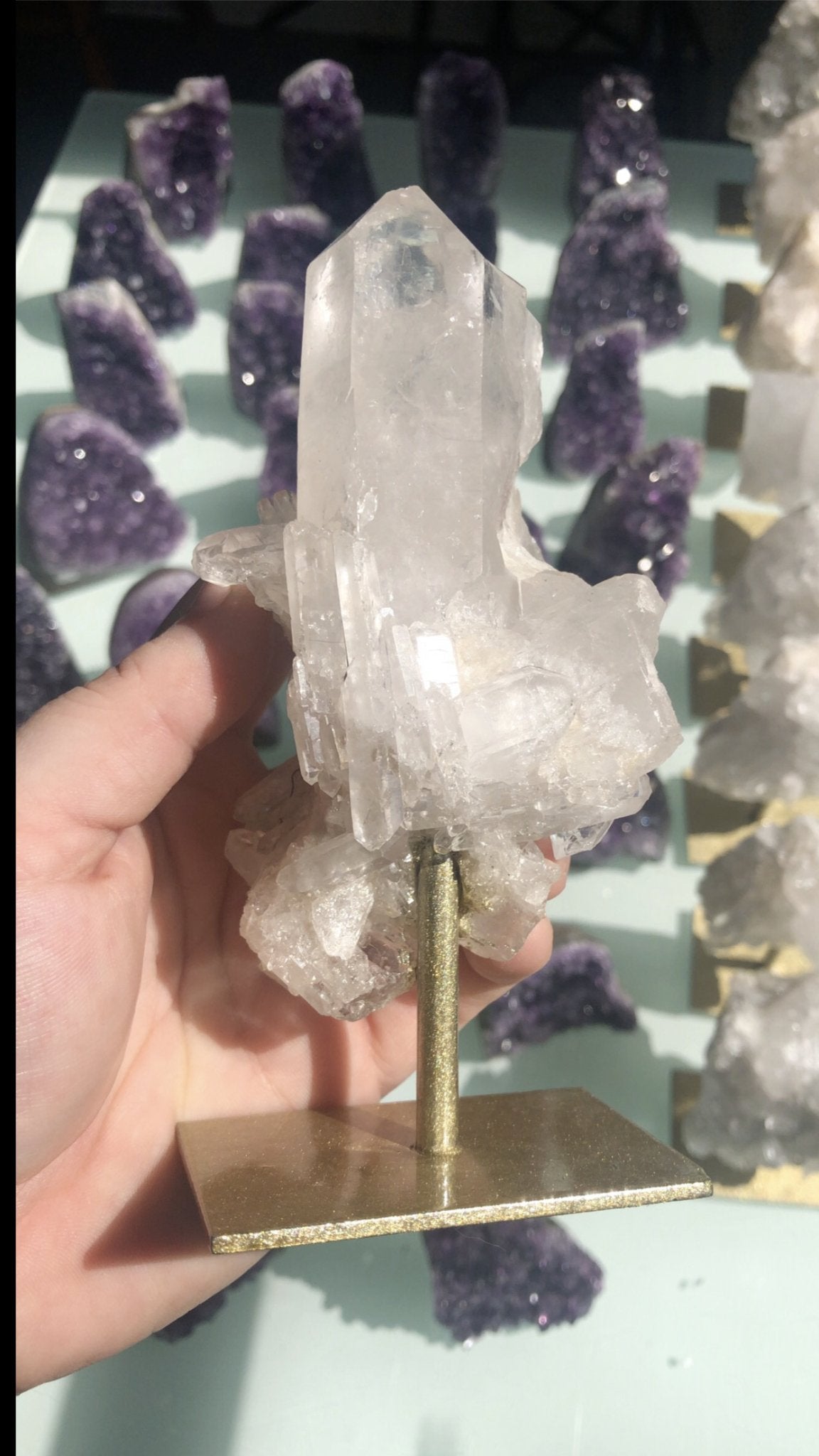 Clear Quartz Cluster on Gold Stand