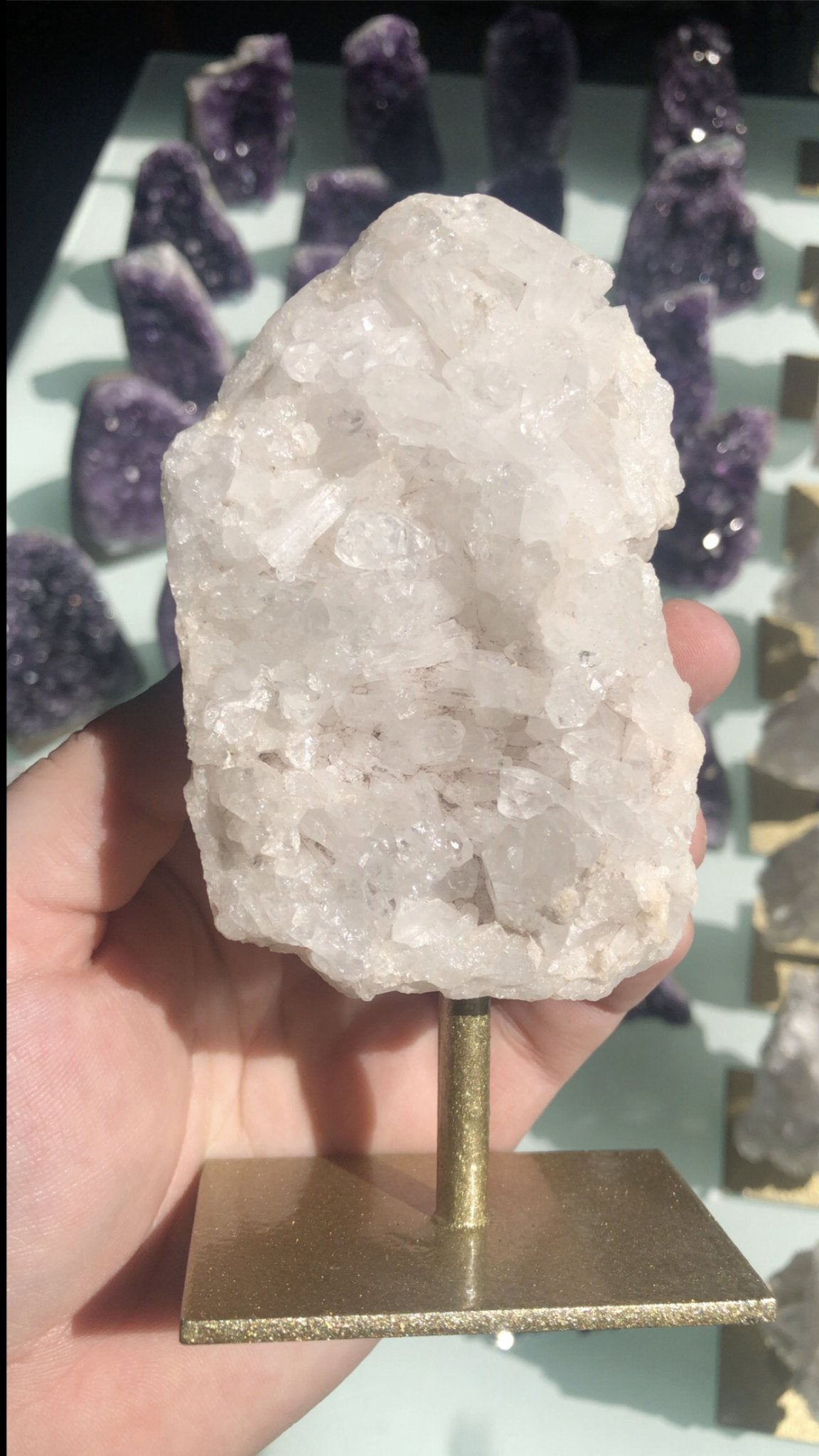 Clear Quartz Cluster on Gold Stand