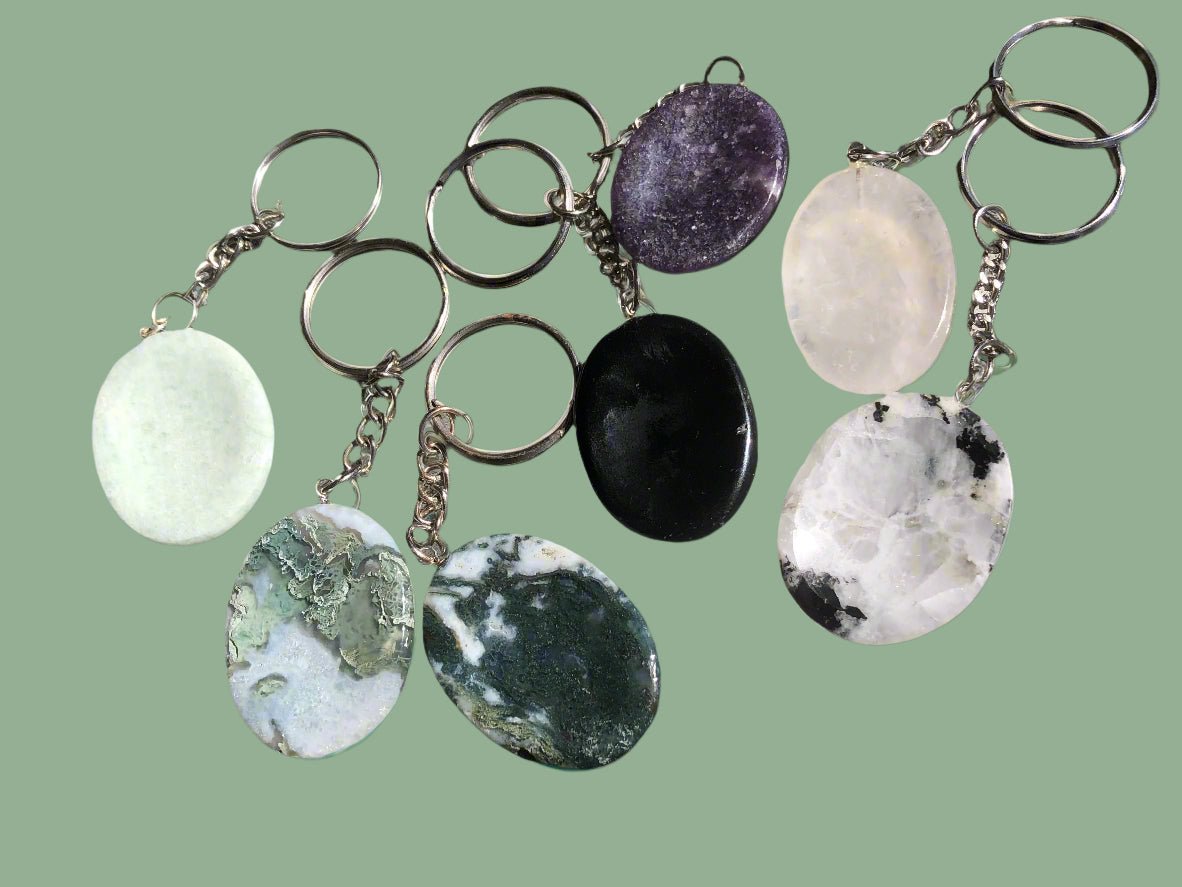 Crystal Worry Stone Keychain - Moss Agate, Amazonite, Lepidolite, Black Obsidian, Rainbow Moonstone, Clear Quartz