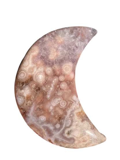 Flower Agate & Amethyst Moon – 4.5” Carving with Quartz & Orbs