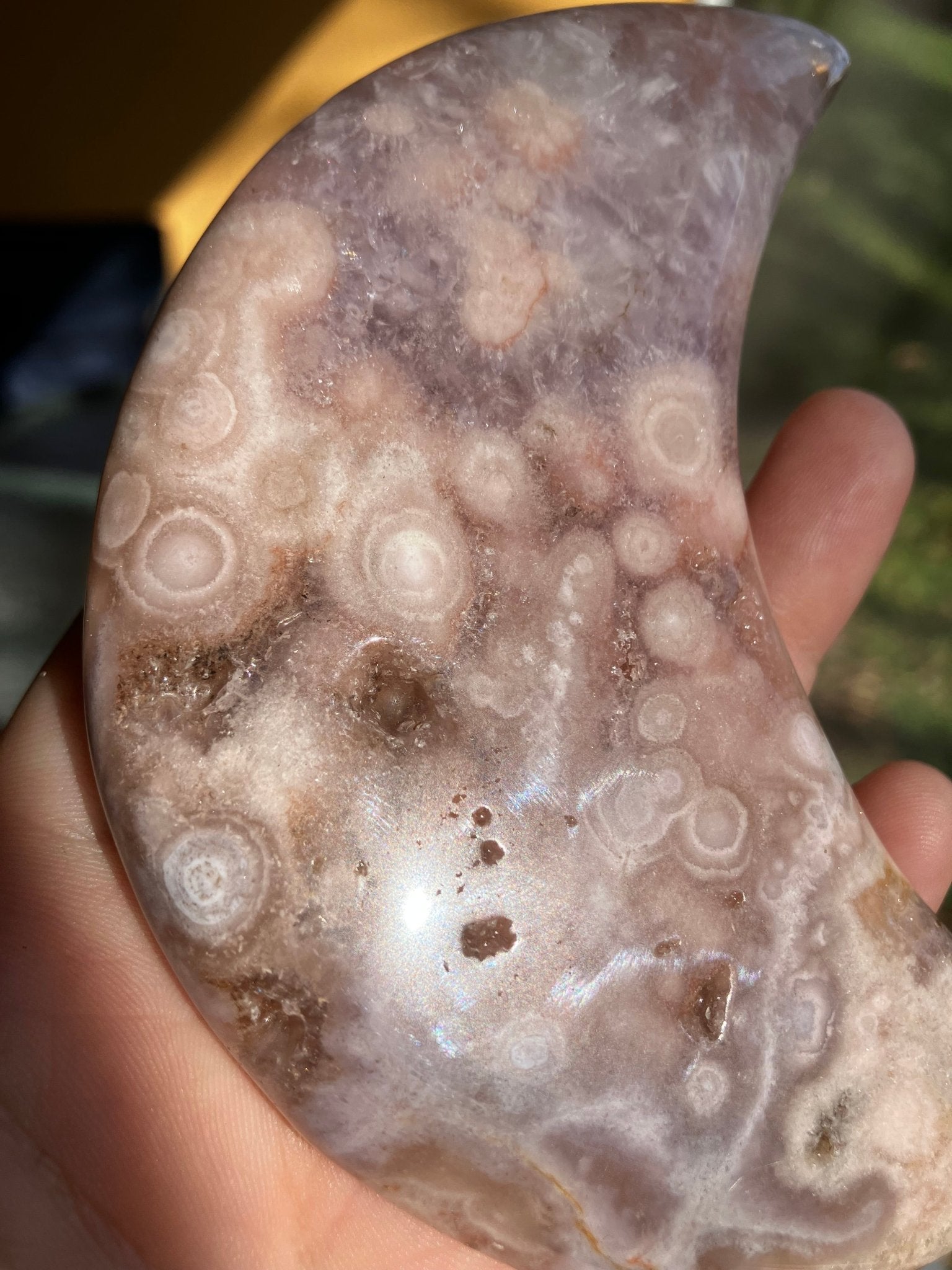 Flower Agate & Amethyst Moon – 4.5” Carving with Quartz & Orbs