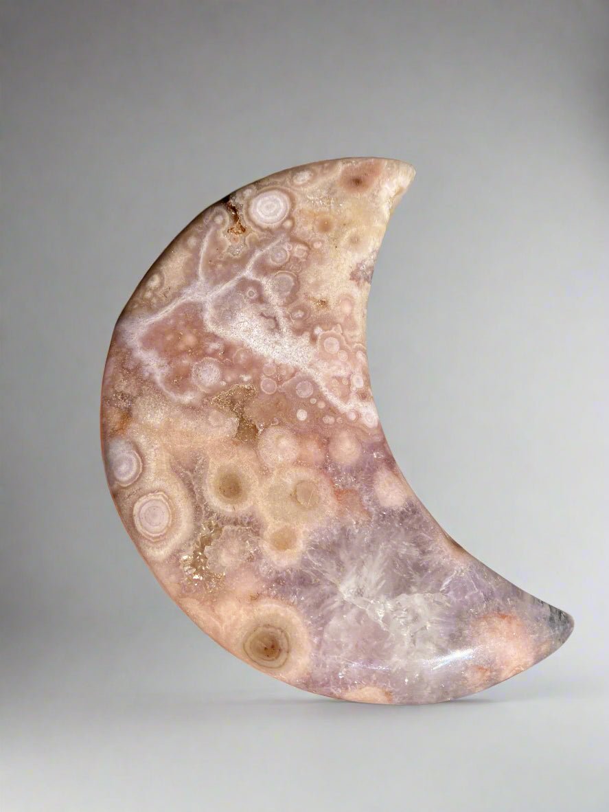 Flower Agate & Amethyst Moon – 4.5” Carving with Quartz & Orbs