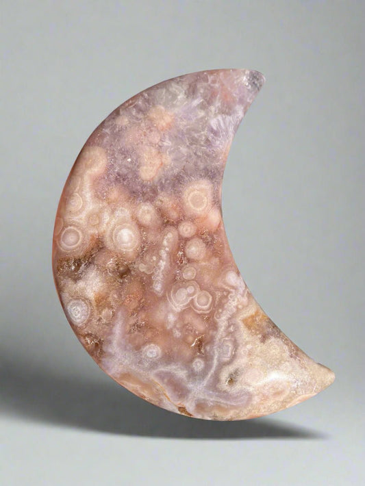 Flower Agate & Amethyst Moon – 4.5” Carving with Quartz & Orbs