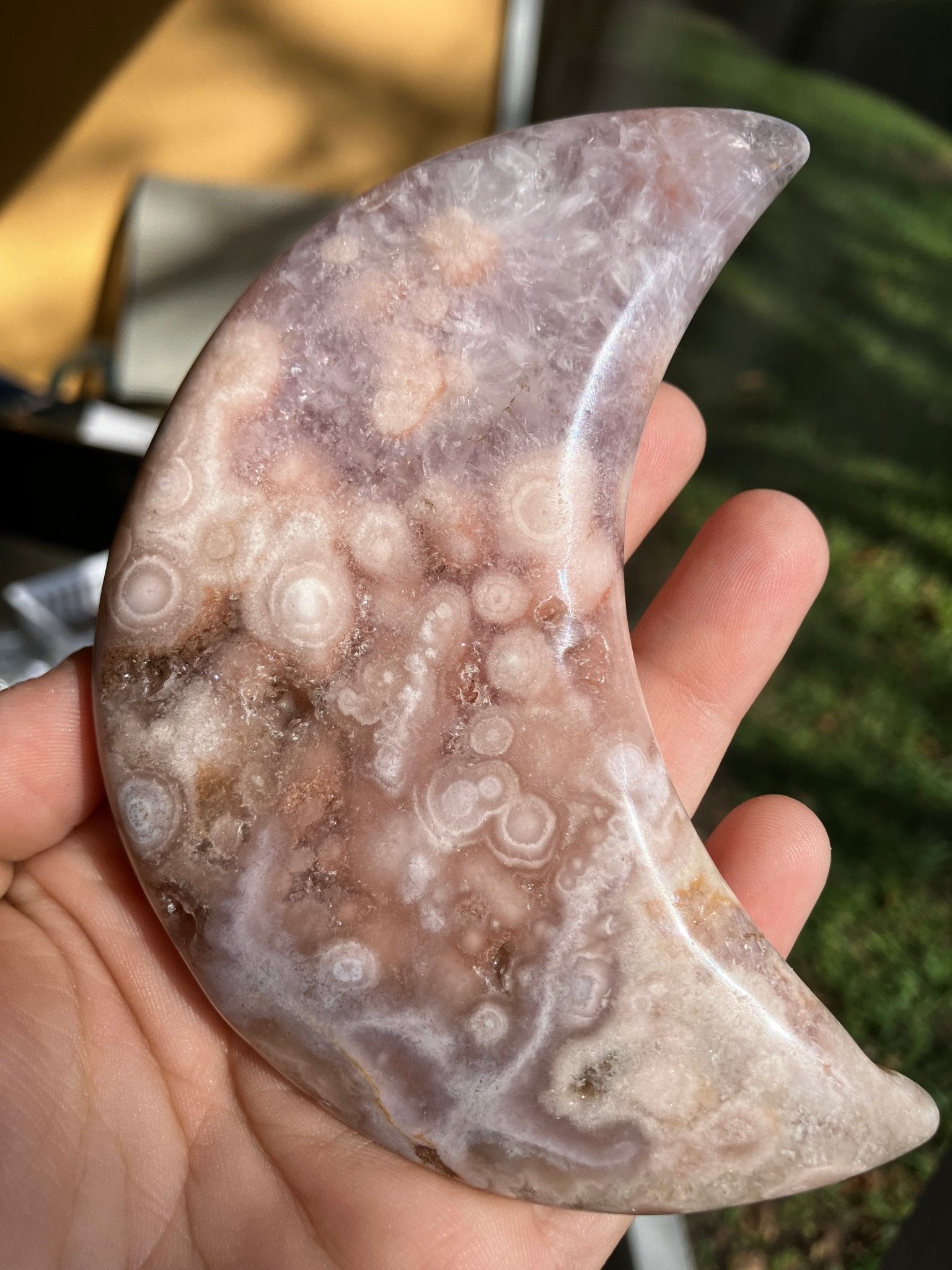 Flower Agate & Amethyst Moon – 4.5” Carving with Quartz & Orbs