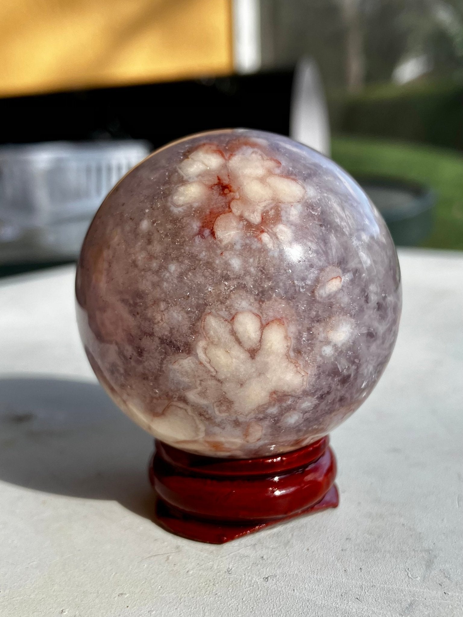 Flower Agate & Amethyst Sphere – 48mm, Floral Markings