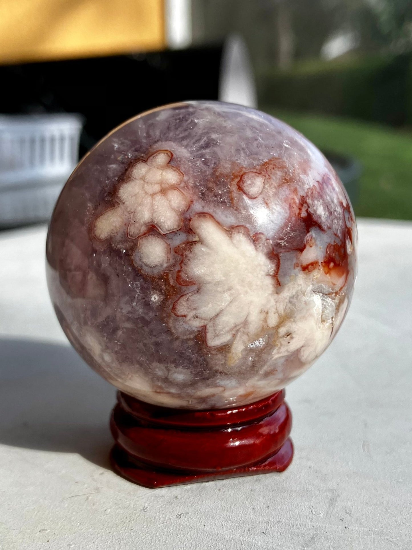 Flower Agate & Amethyst Sphere – 48mm, Floral Markings