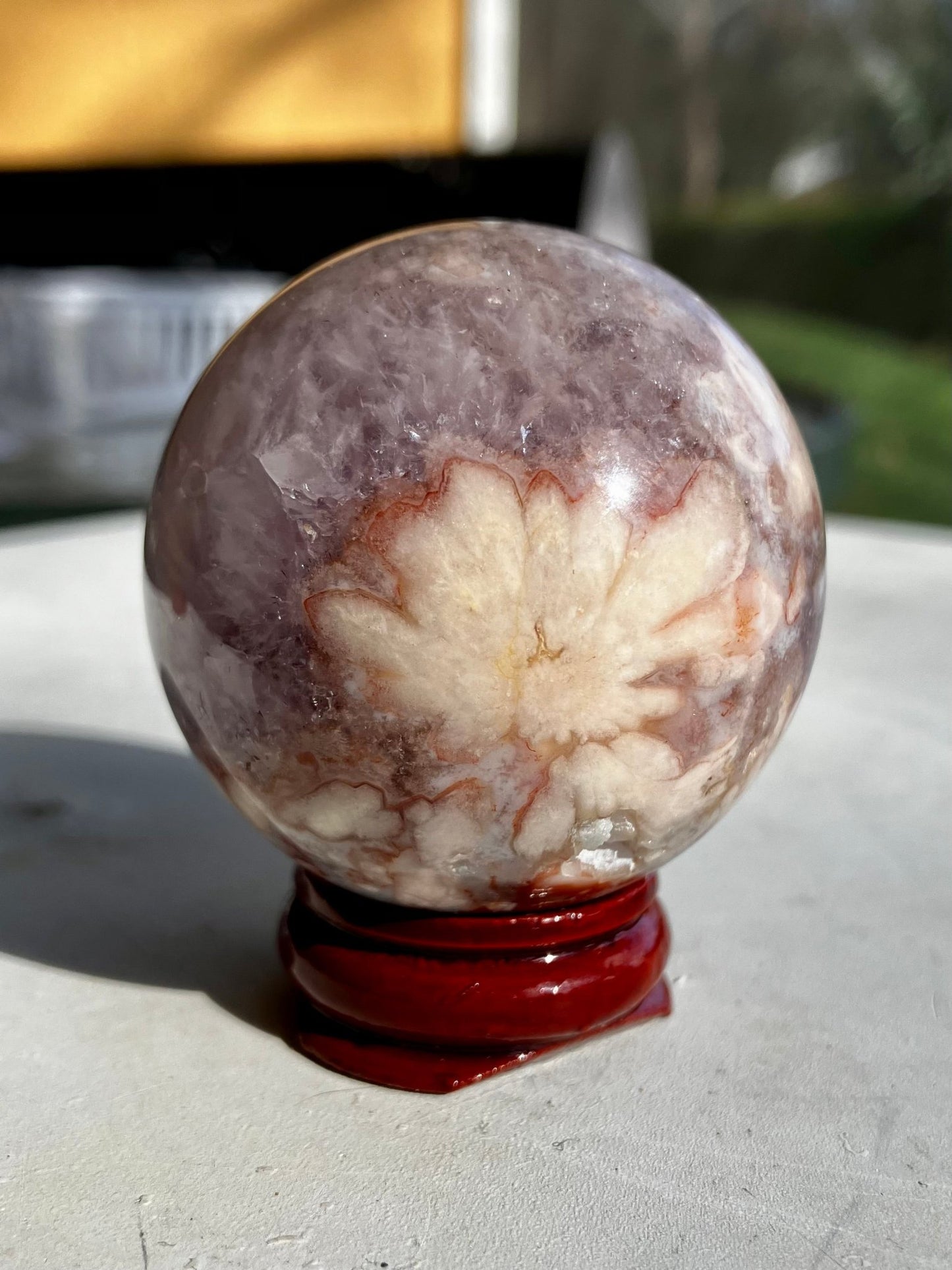 Flower Agate & Amethyst Sphere – 48mm, Floral Markings