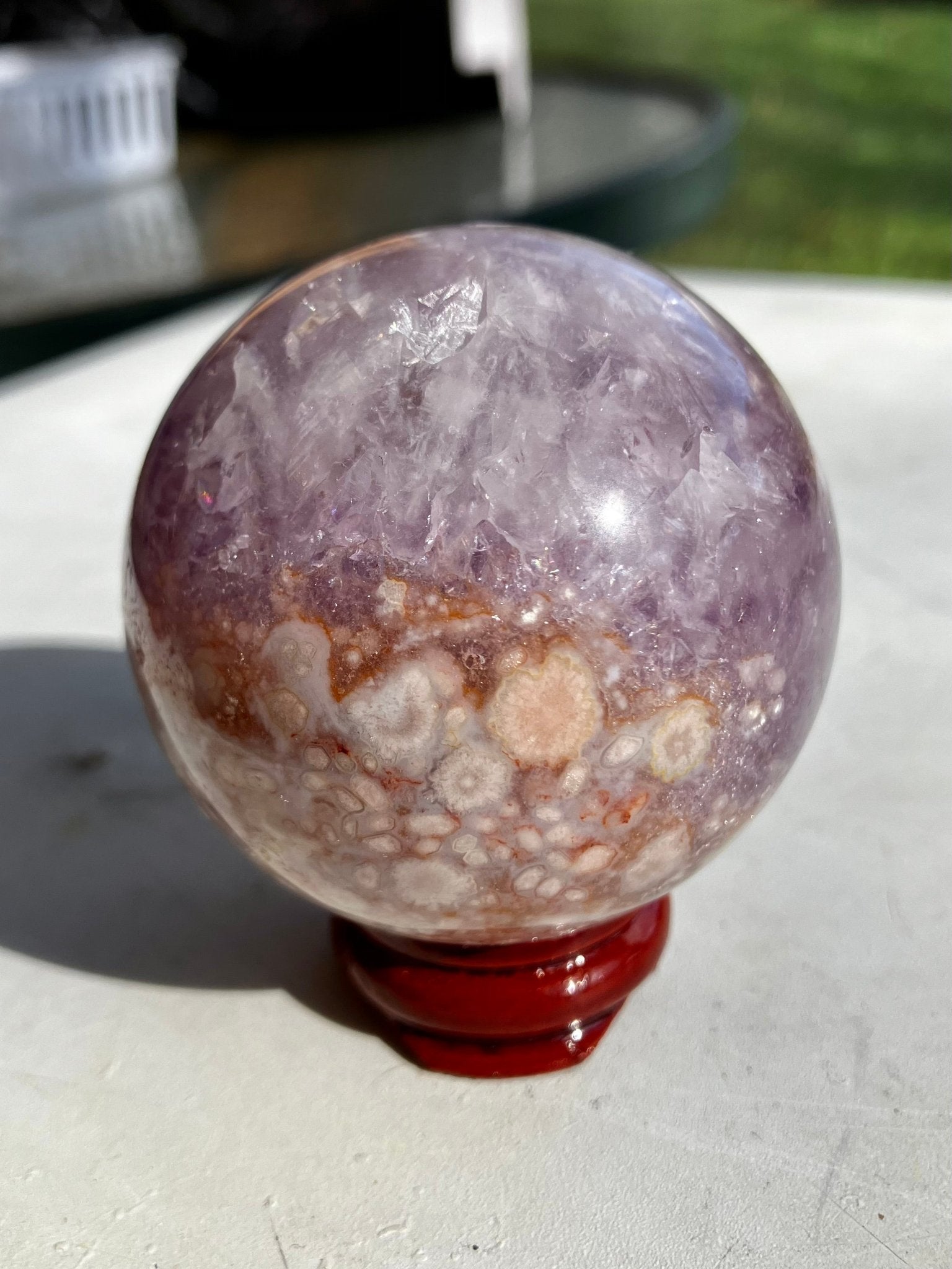 Flower Agate x Amethyst Sphere Flower Agate & Amethyst Sphere – 54mm, Quartz & Floral Cluster