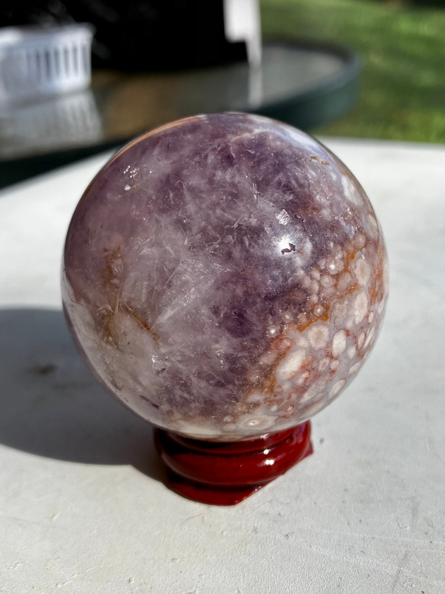 Flower Agate x Amethyst Sphere Flower Agate & Amethyst Sphere – 54mm, Quartz & Floral Cluster