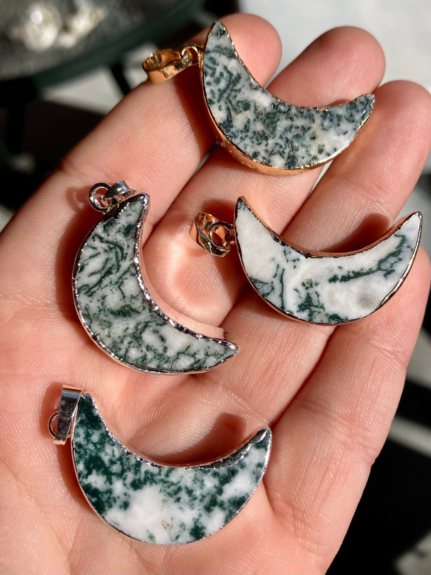 Moss Agate Crescent Moon Pendant – Gold or Silver Plated