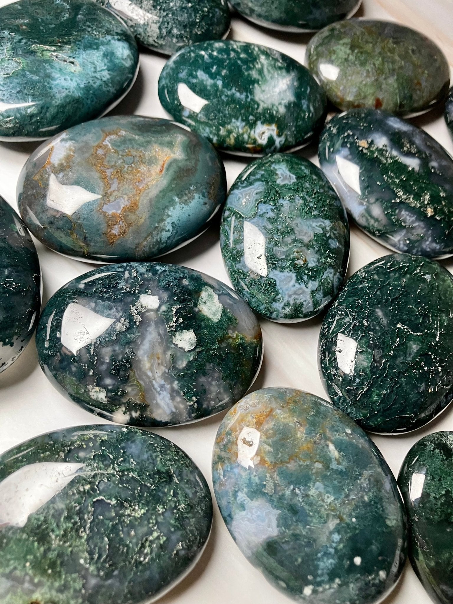 Moss Agate Palmstone – 2.25” Intuitive Pick