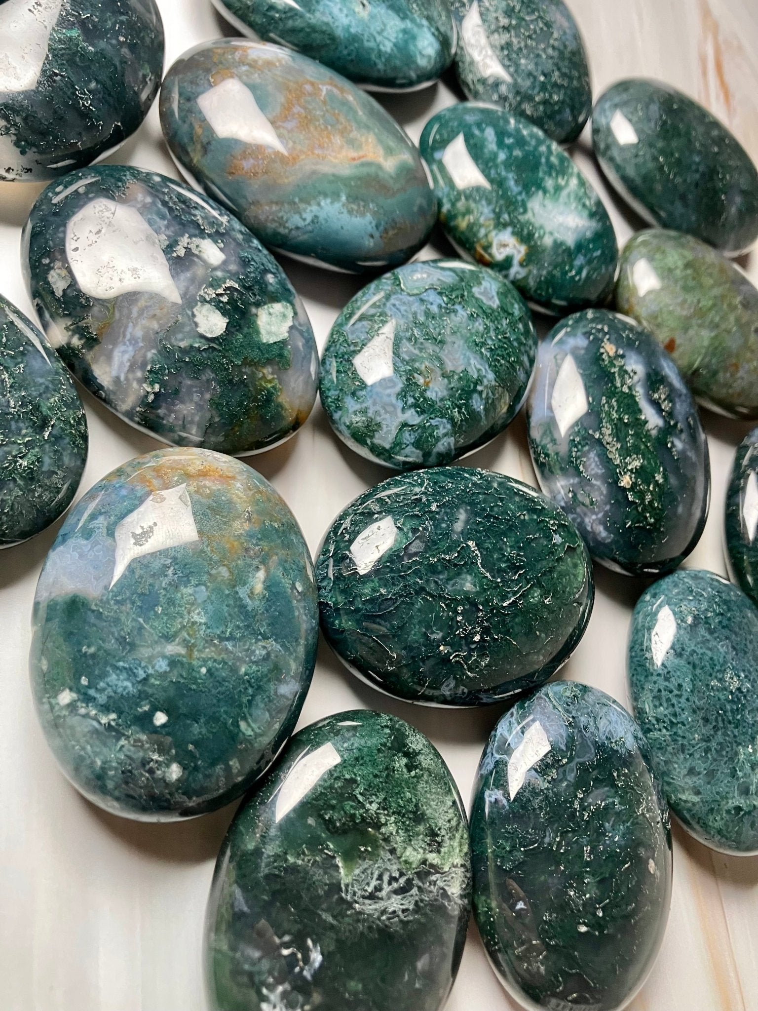 Moss Agate Palmstone – 2.25” Intuitive Pick