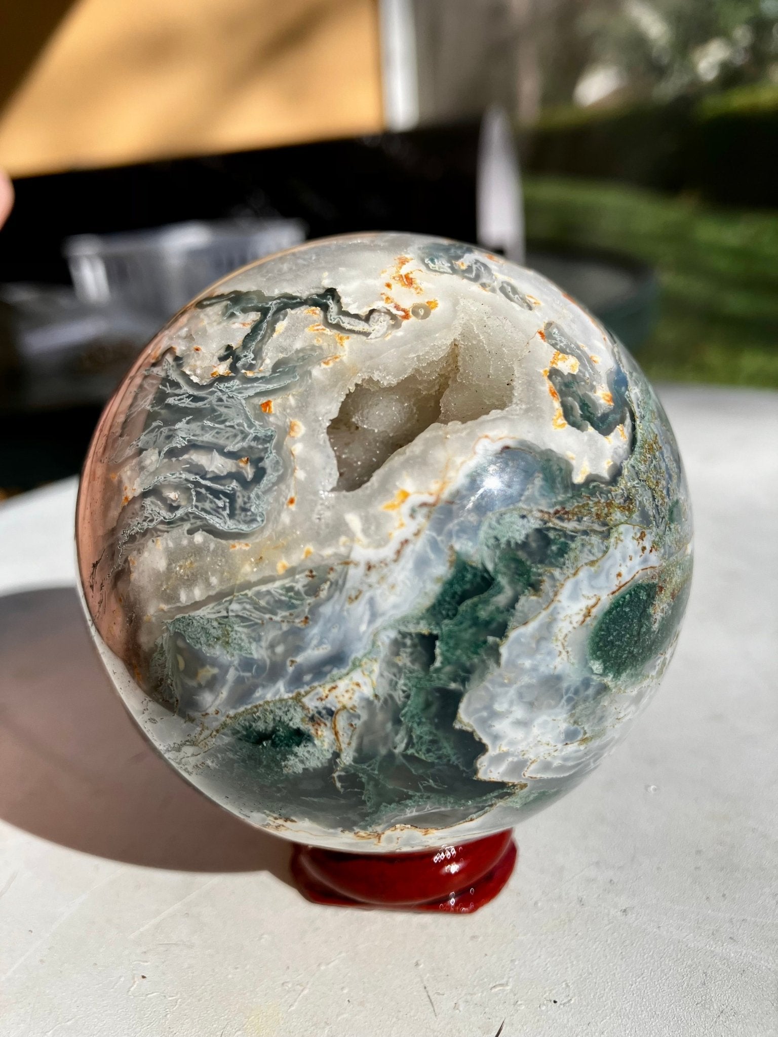 Moss Agate Sphere – 68mm, Yellow Tones & Quartz Pockets