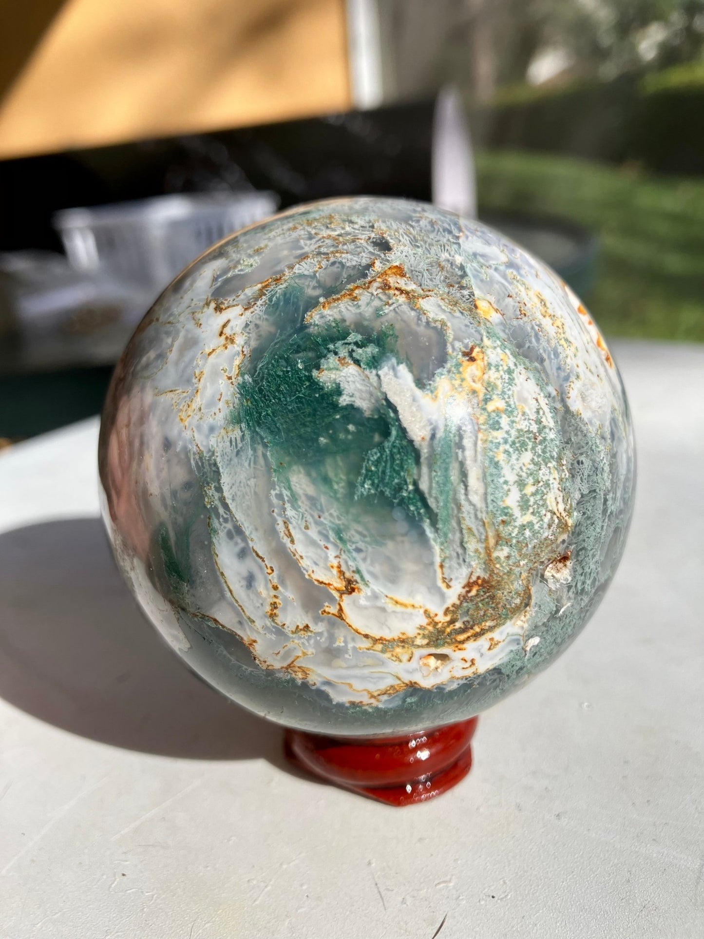 Moss Agate Sphere – 68mm, Yellow Tones & Quartz Pockets