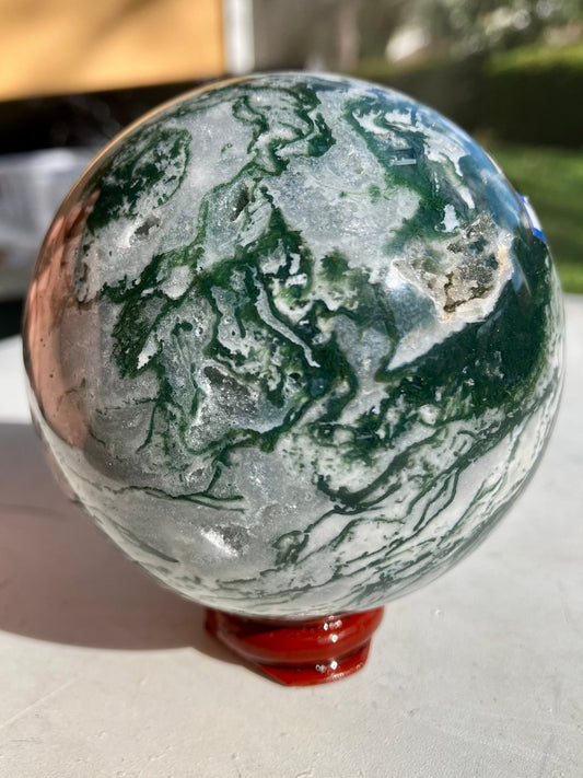 Moss Agate Sphere – 76mm, Icy Quartz