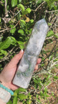 Moss Agate Tower – 8” Tall, Quartz Druzy Pockets