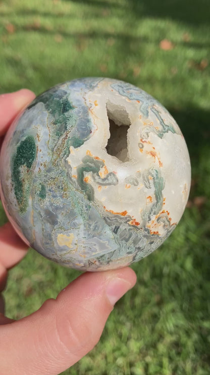 Moss Agate Sphere – 68mm, Yellow Tones & Quartz Pockets