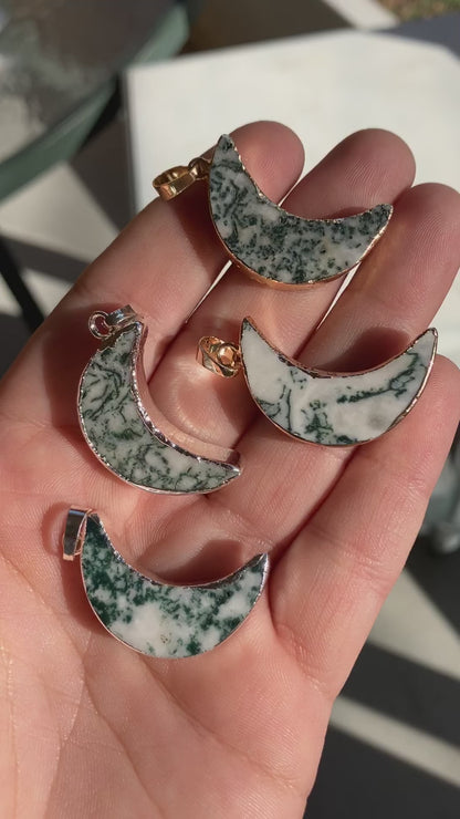 Moss Agate Crescent Moon Pendant – Gold or Silver Plated