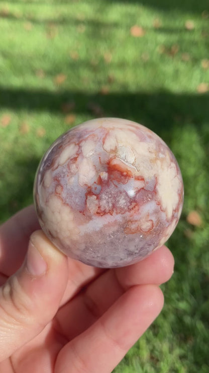 Flower Agate & Amethyst Sphere – 48mm, Floral Markings