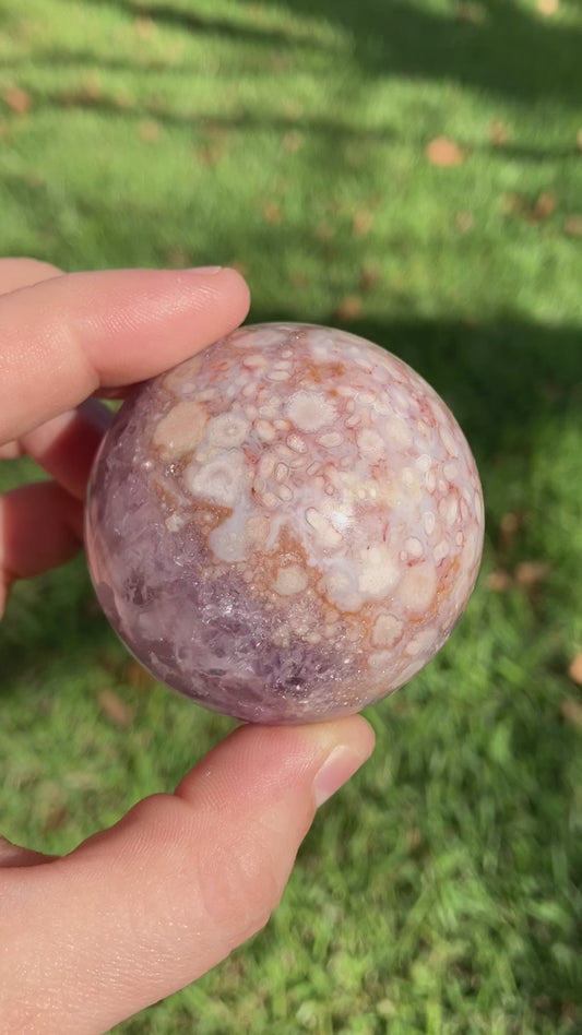 Flower Agate x Amethyst Sphere Flower Agate & Amethyst Sphere – 54mm, Quartz & Floral Cluster