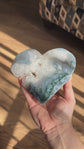 Moss Agate Heart on Stand – 5.5” Wide, Quartz Pocket