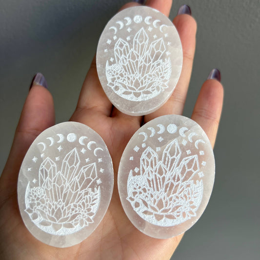 Selenite Etched Oval Crystal Carving